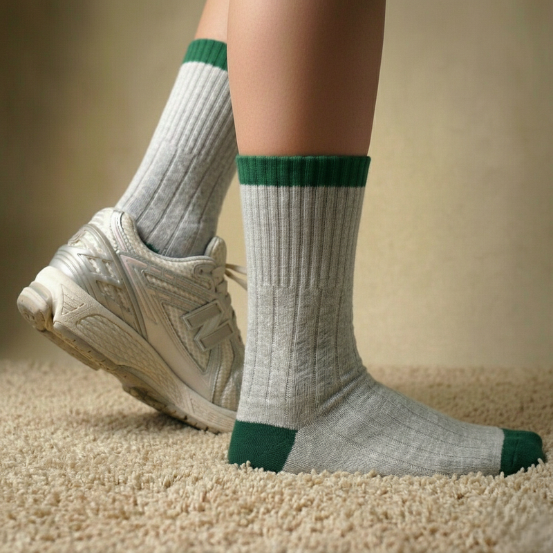 Chaussettes En Laine Mérinos Avec Bandes - Sable Et Vert