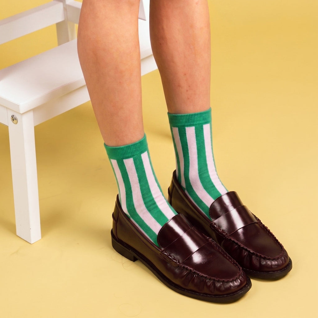 Calcetines retro de rayas Bellagio - verde esmeralda y rosa pálido