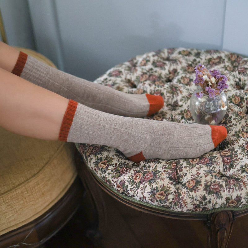 Chaussettes En Laine Mérinos Avec Bandes - Beige Et Orange