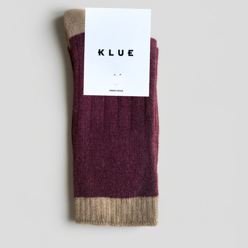 Chaussettes En Laine Mérinos Avec Bordures - Bordeaux Et Caramel