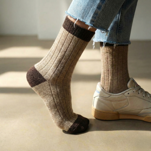 Chaussettes En Laine Mérinos Avec Bordures - Caramel Et Marron