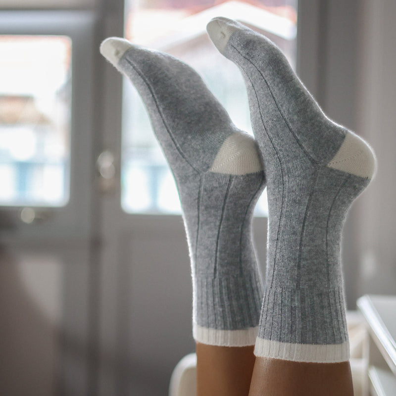 Chaussettes En Laine Mérinos Avec Bandes - Gris
