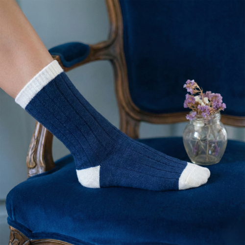 Chaussettes En Laine Mérinos Avec Bordures - Bleu Marine Et Blanc