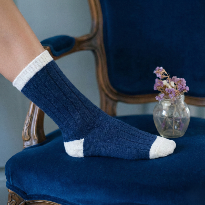 Chaussettes En Laine Mérinos Avec Bordures - Bleu Marine Et Blanc