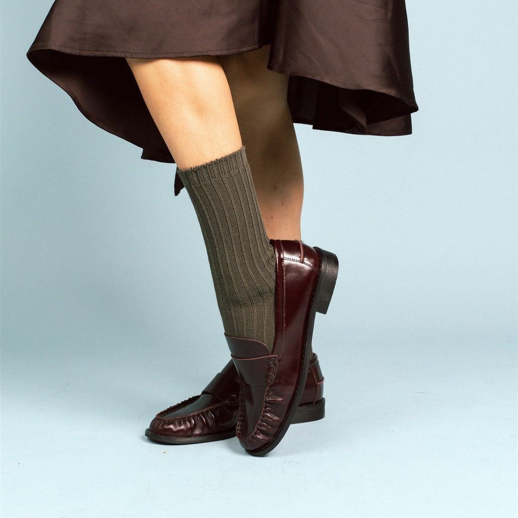 Calcetines de algodón ecológico con rayas tejidas de un solo color - Caqui