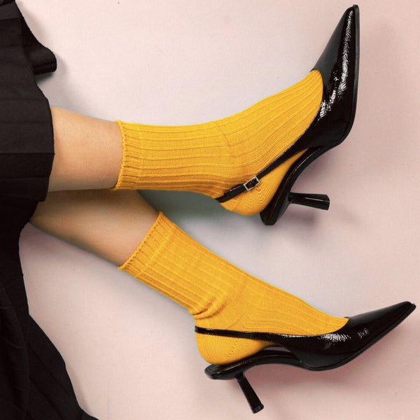 Organic Cotton Socks with Solid Knitted Stripes - Mustard