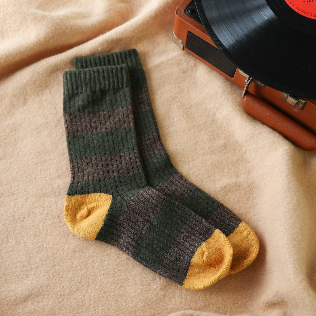 Chaussettes En Laine Mérinos À Rayures - Kaki Et Jaune
