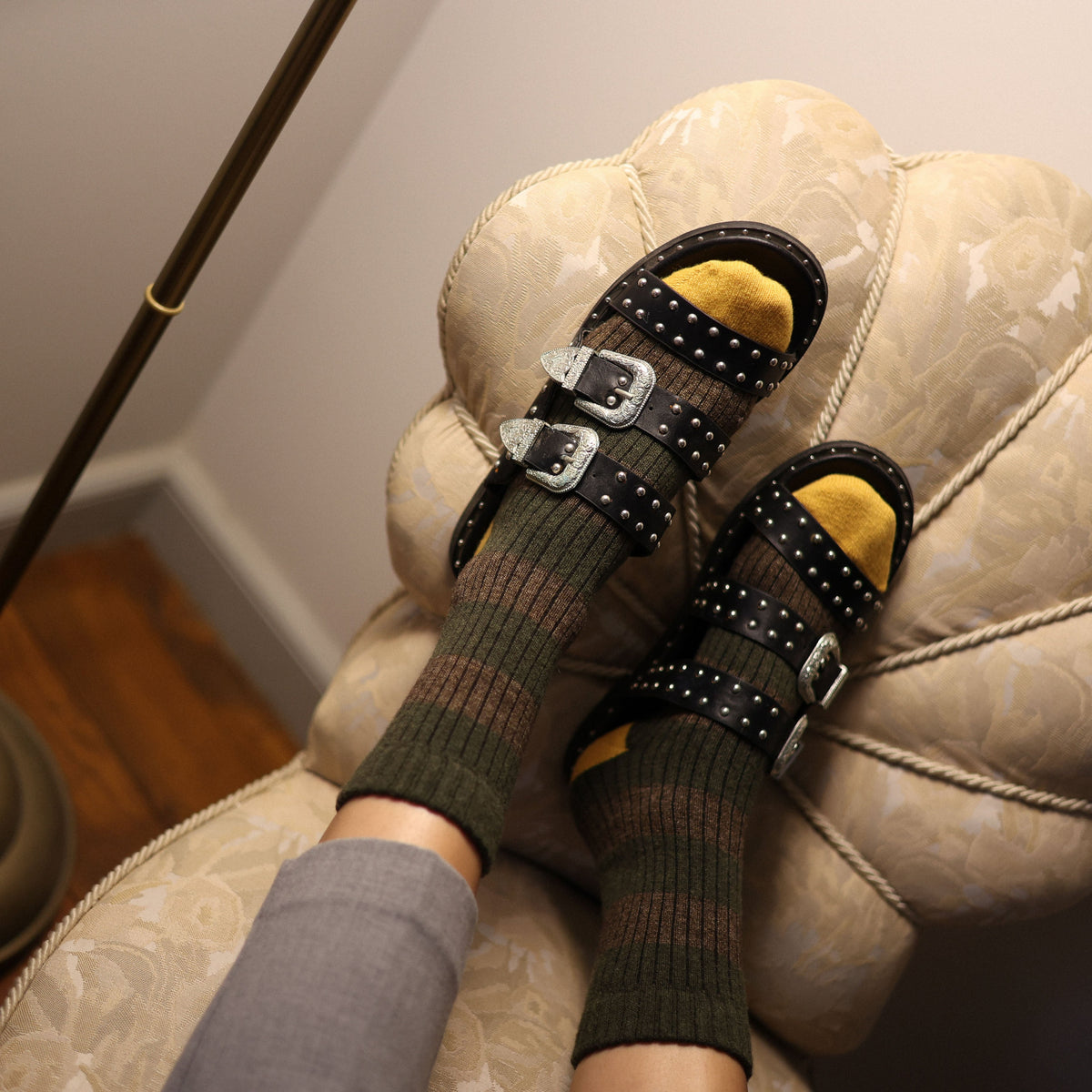 Chaussettes En Laine Mérinos À Rayures - Kaki Et Jaune