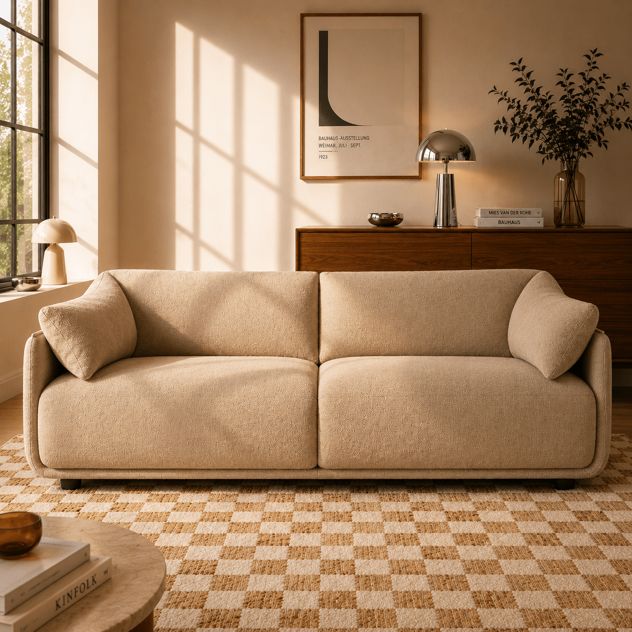 Kurly - 3-Seater Sofa - Textured Fabric - Beige