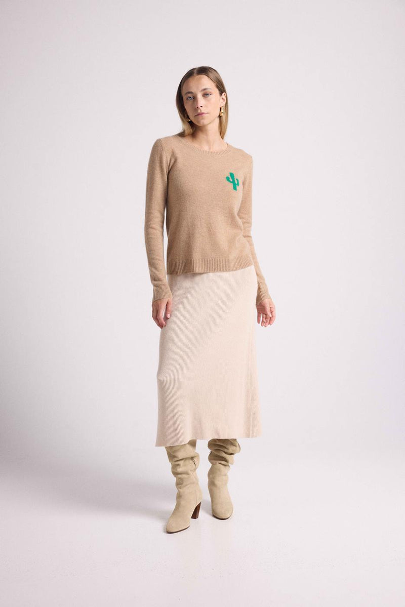 Pull Col Rond Cactus Kyliane - New Beige Creme Et Cactus Vert - 100% Cachemire Oeko-Tex - Femme