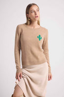 Pull Col Rond Cactus Kyliane - New Beige Creme Et Cactus Vert - 100% Cachemire Oeko-Tex - Femme