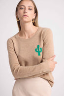 Pull Col Rond Cactus Kyliane - New Beige Creme Et Cactus Vert - 100% Cachemire Oeko-Tex - Femme