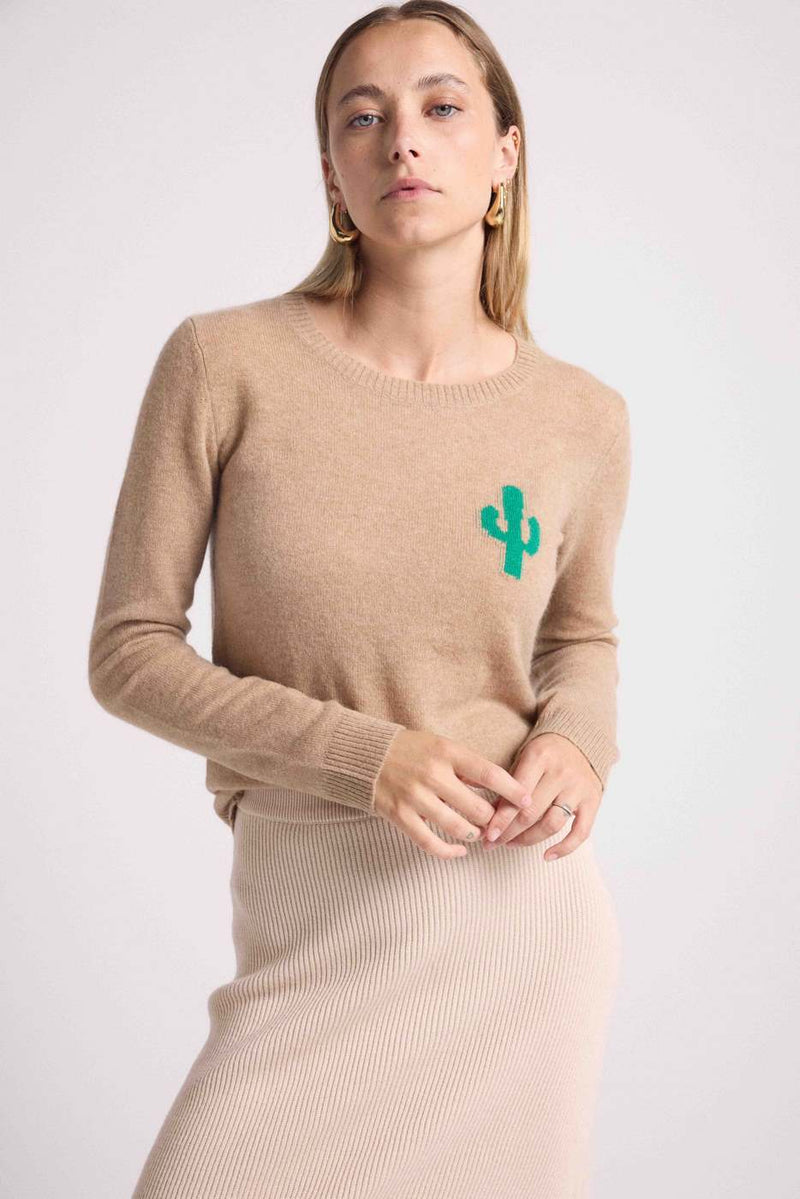 Pull Col Rond Cactus Kyliane - New Beige Creme Et Cactus Vert - 100% Cachemire Oeko-Tex - Femme