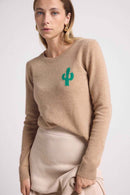 Pull Col Rond Cactus Kyliane - New Beige Creme Et Cactus Vert - 100% Cachemire Oeko-Tex - Femme