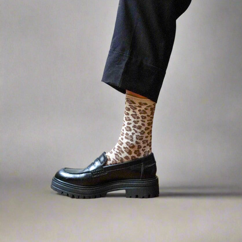 Chaussettes Lurex Pailletées En Lyocell Écologique - Léopard Beige