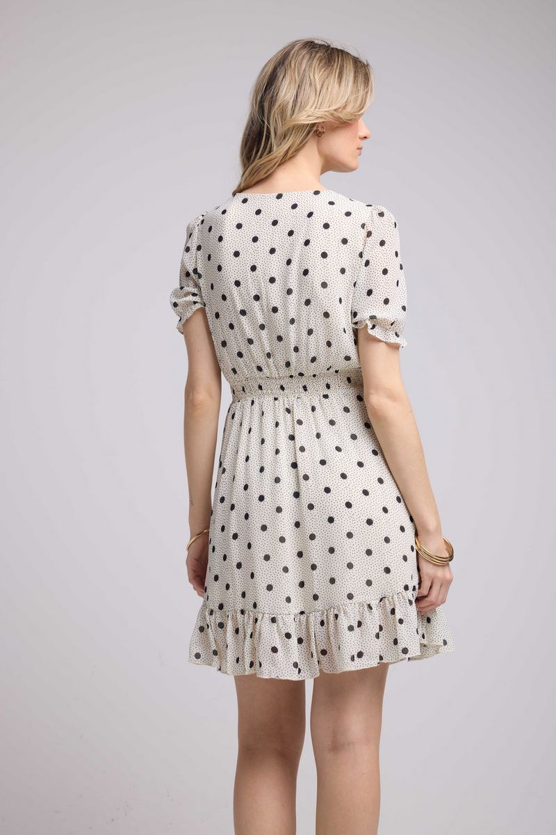 Vestido Corto De Manga Corta - Lunares Blancos