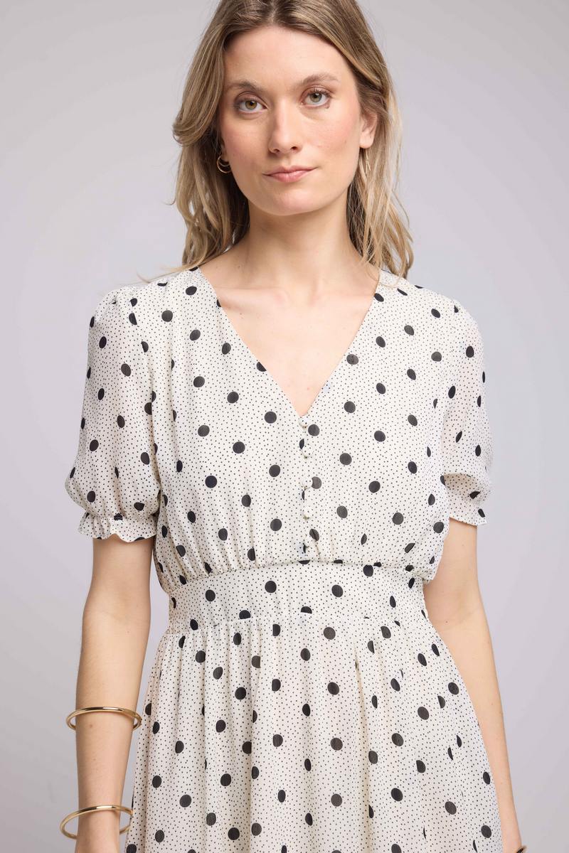 Vestido Corto De Manga Corta - Lunares Blancos