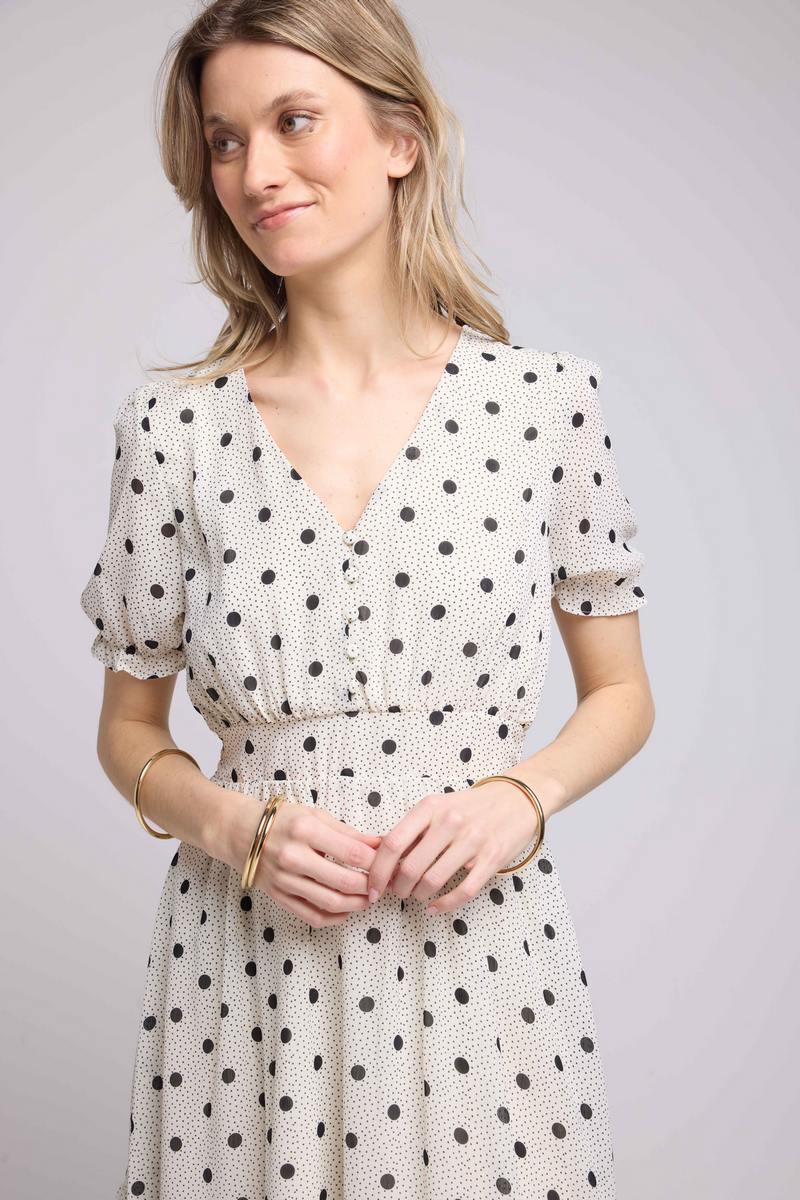 Vestido Corto De Manga Corta - Lunares Blancos