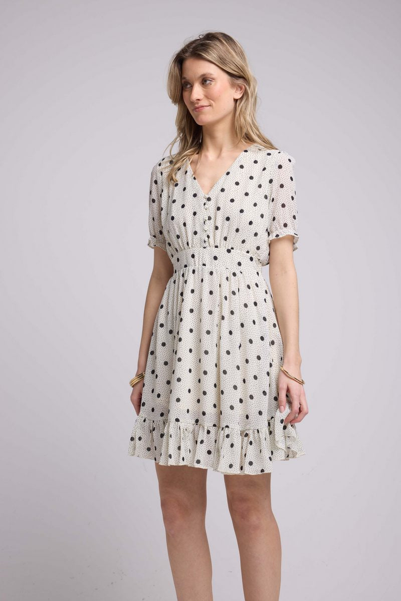 Vestido Corto De Manga Corta - Lunares Blancos