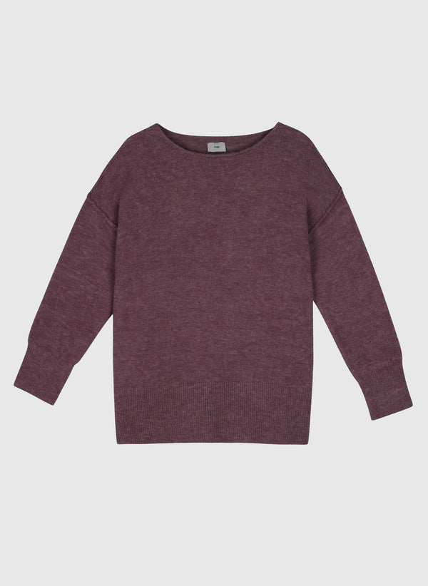 An'ge – Pull Lafunky Figue, maglione in maglia viola, taglio morbido, scollo a barchetta, vista frontale