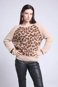 Lara Leopard Jacquard Crew Neck Jumper - Beige - Women