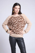 Lara Leopard Jacquard Crew Neck Jumper - Beige - Women