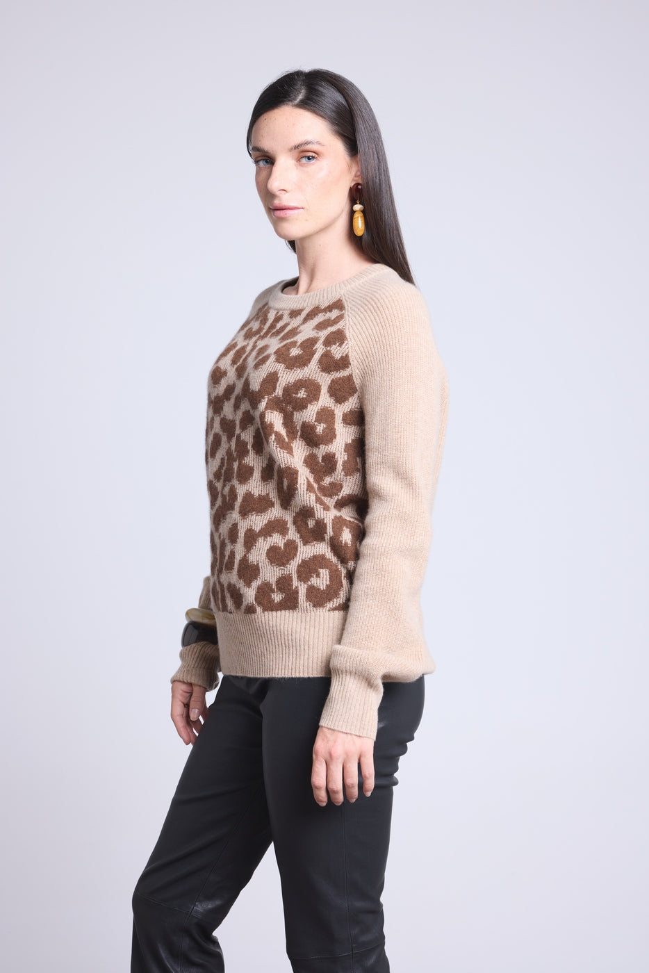 Lara Leopard Jacquard Crew Neck Jumper - Beige - Women