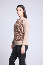 Lara Leopard Jacquard Crew Neck Jumper - Beige - Women