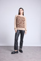Lara Leopard Jacquard Crew Neck Jumper - Beige - Women