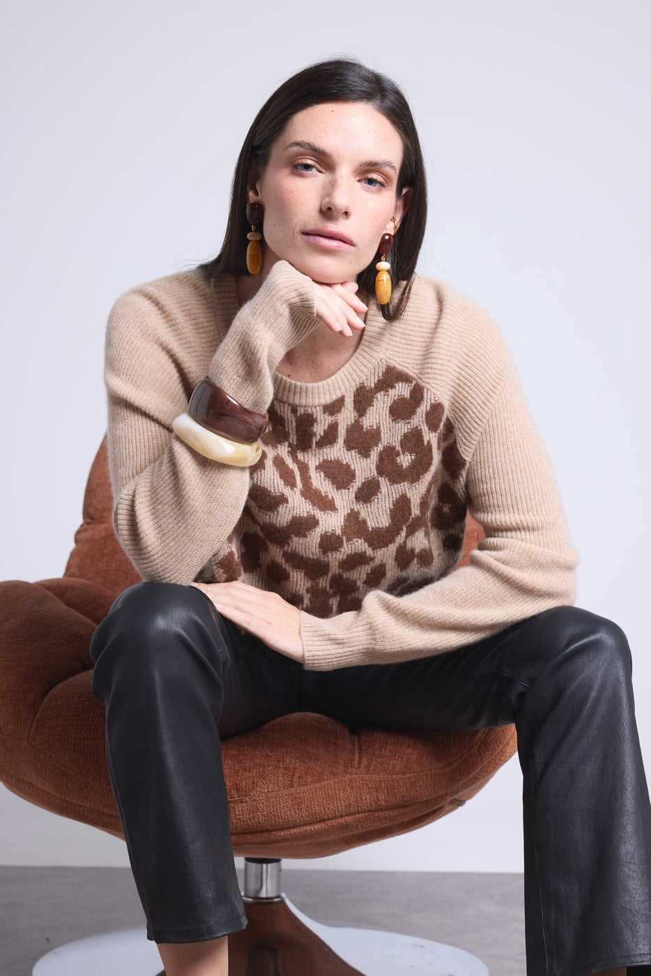 Lara Leopard Jacquard Crew Neck Jumper - Beige - Women
