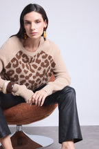 Lara Leopard Jacquard Crew Neck Jumper - Beige - Women