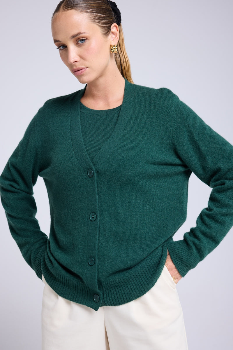 Boyfriend Cardigan Col V Lea - Vert Bouteille