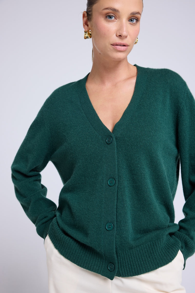 Boyfriend Cardigan Col V Lea - Vert Bouteille