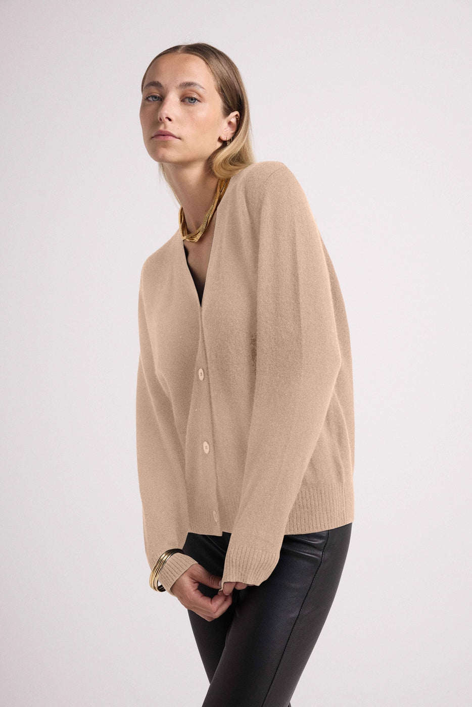Lea Boyfriend V-Neck Cardigan - Cream Beige - Women