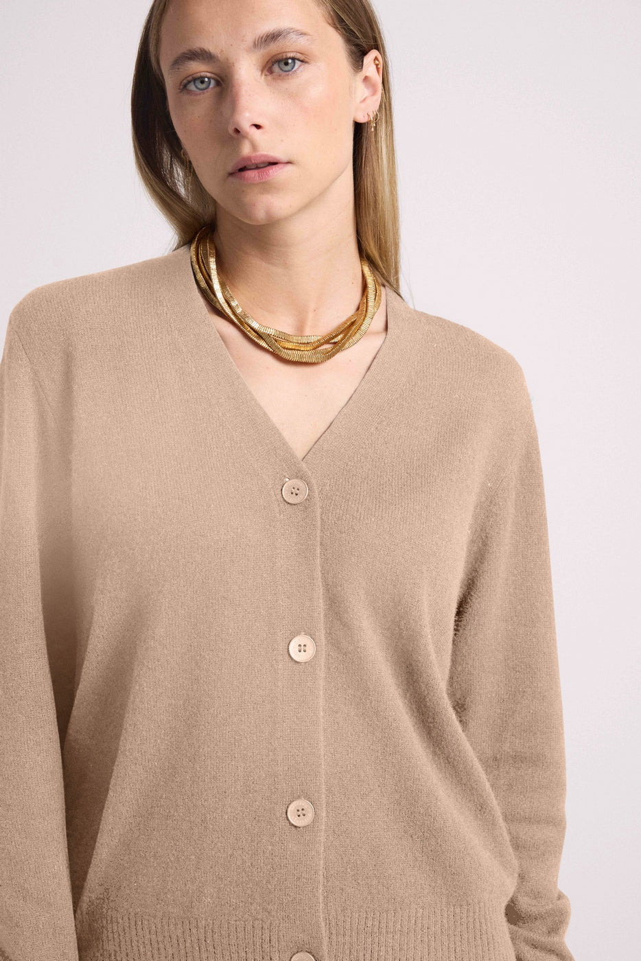 Lea Boyfriend V-Neck Cardigan - Cream Beige - Women