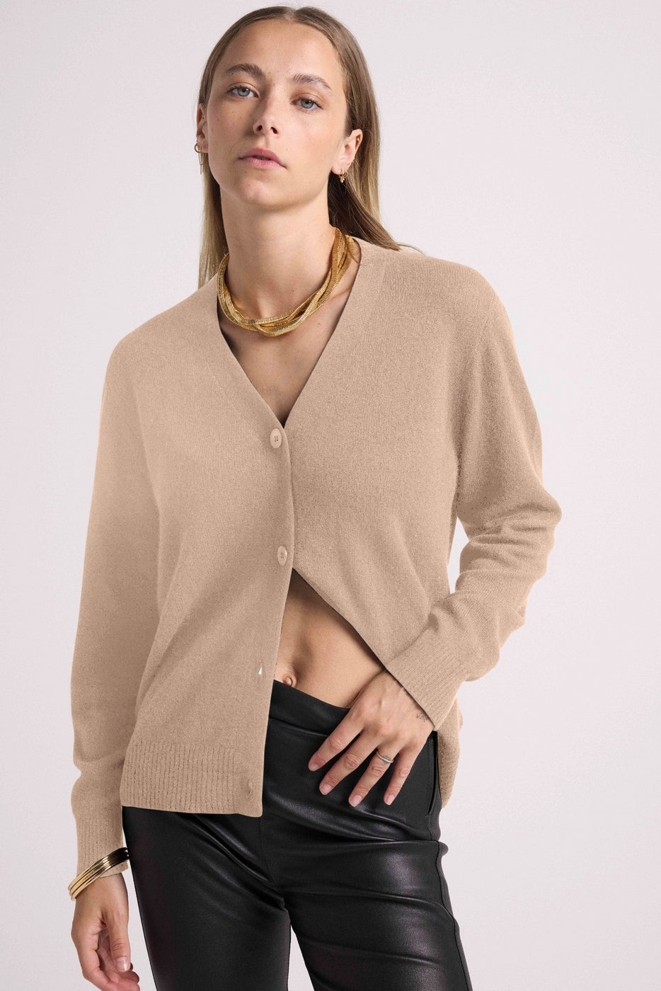 Lea Boyfriend V-Neck Cardigan - Cream Beige - Women