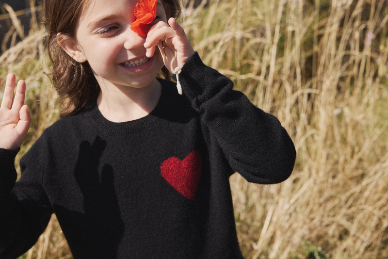 Lenny Round Neck Chest Sweater - Black Red Heart - 100% Oeko-Tex Cashmere - Child