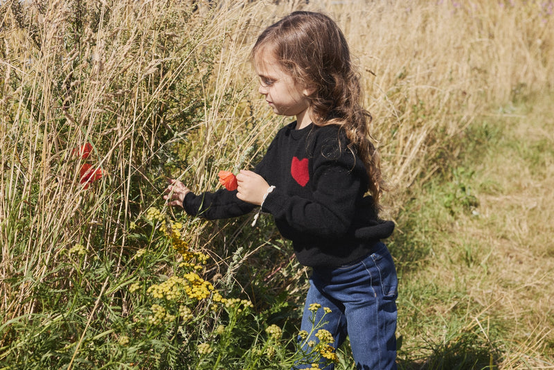 Lenny Round Neck Chest Sweater - Black Red Heart - 100% Oeko-Tex Cashmere - Child