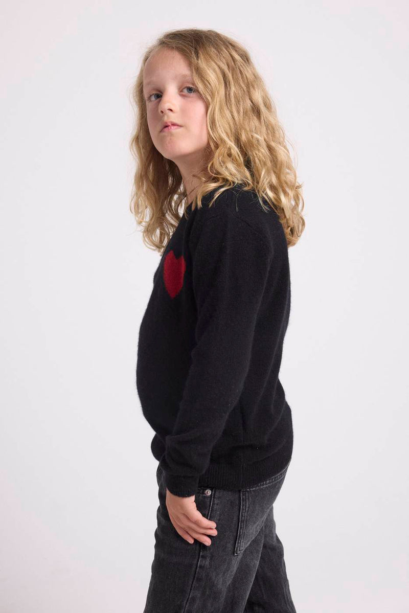 Lenny Round Neck Chest Sweater - Black Red Heart - 100% Oeko-Tex Cashmere - Child