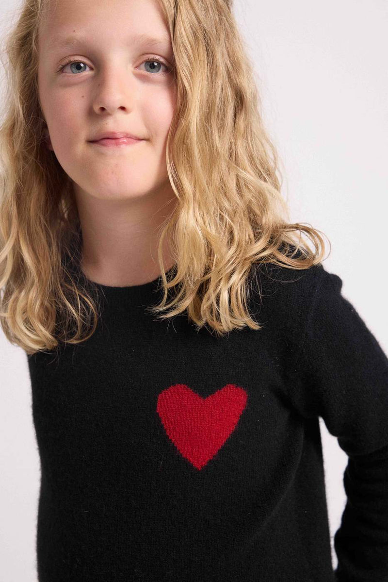 Lenny Round Neck Chest Sweater - Black Red Heart - 100% Oeko-Tex Cashmere - Child