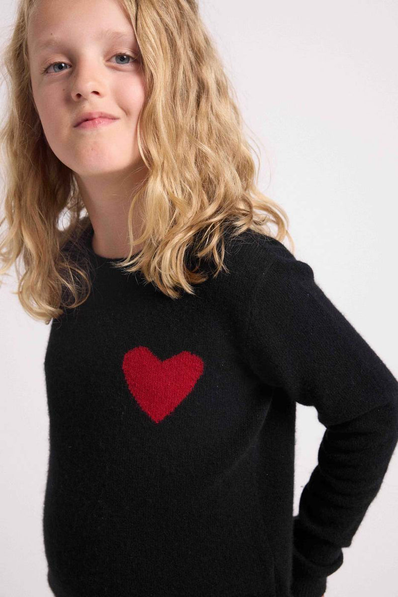 Lenny Round Neck Chest Sweater - Black Red Heart - 100% Oeko-Tex Cashmere - Child