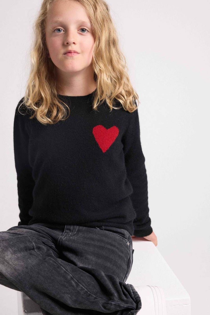 Lenny Round Neck Chest Sweater - Black Red Heart - 100% Oeko-Tex Cashmere - Child