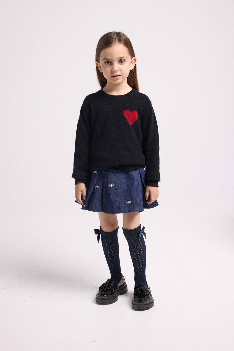 Lenny Round Neck Chest Sweater - Black Red Heart - 100% Oeko-Tex Cashmere - Child