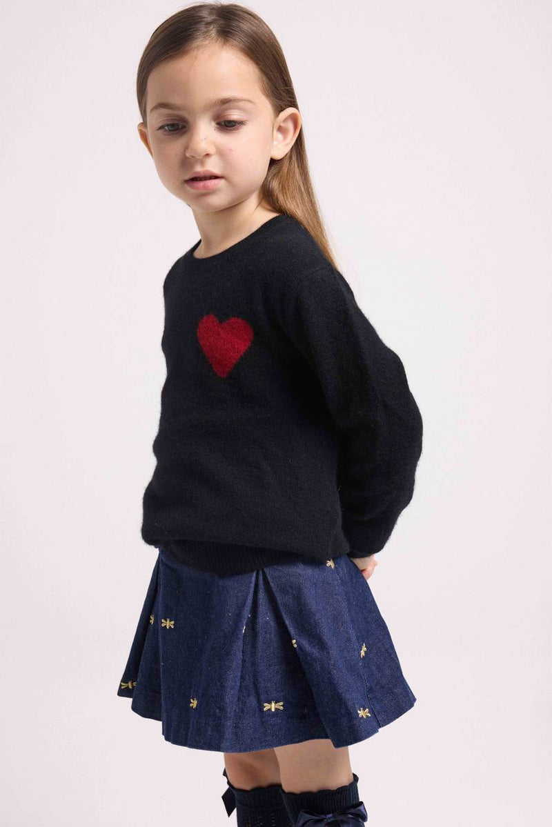 Lenny Round Neck Chest Sweater - Black Red Heart - 100% Oeko-Tex Cashmere - Child