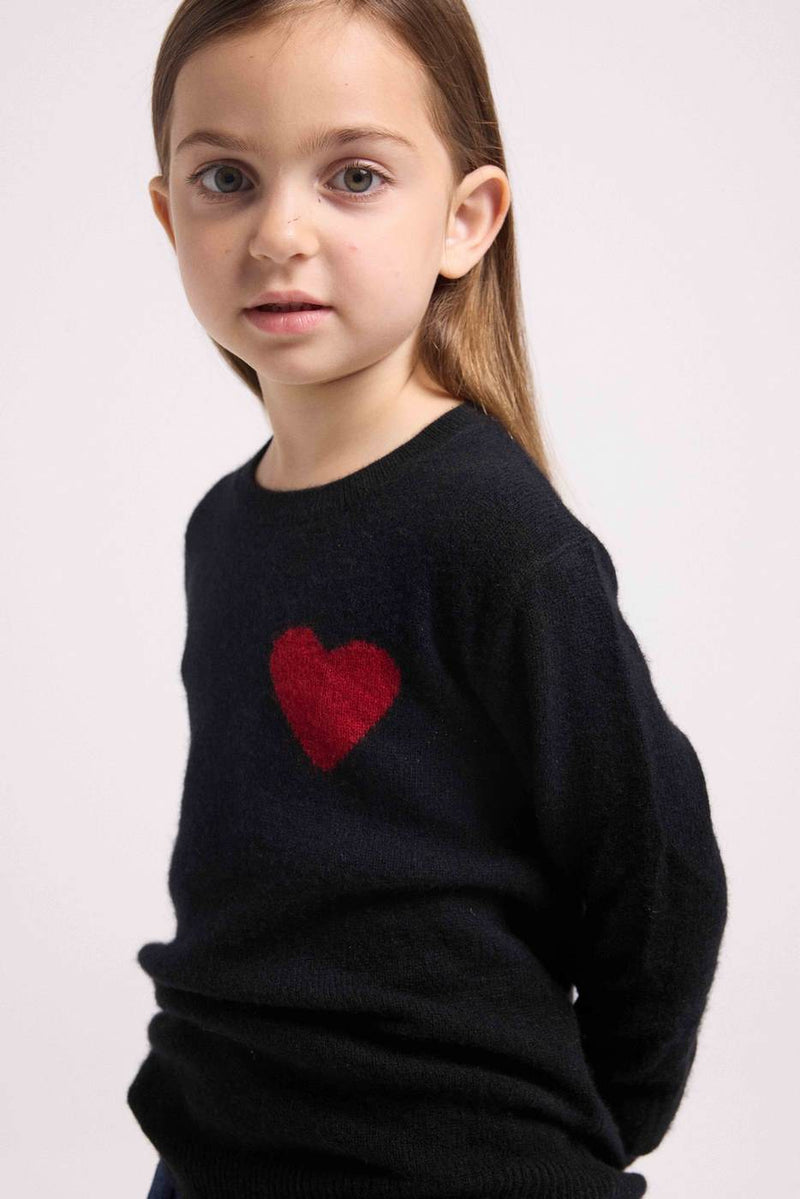 Lenny Round Neck Chest Sweater - Black Red Heart - 100% Oeko-Tex Cashmere - Child