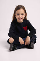 Lenny Round Neck Chest Sweater - Black Red Heart - 100% Oeko-Tex Cashmere - Child