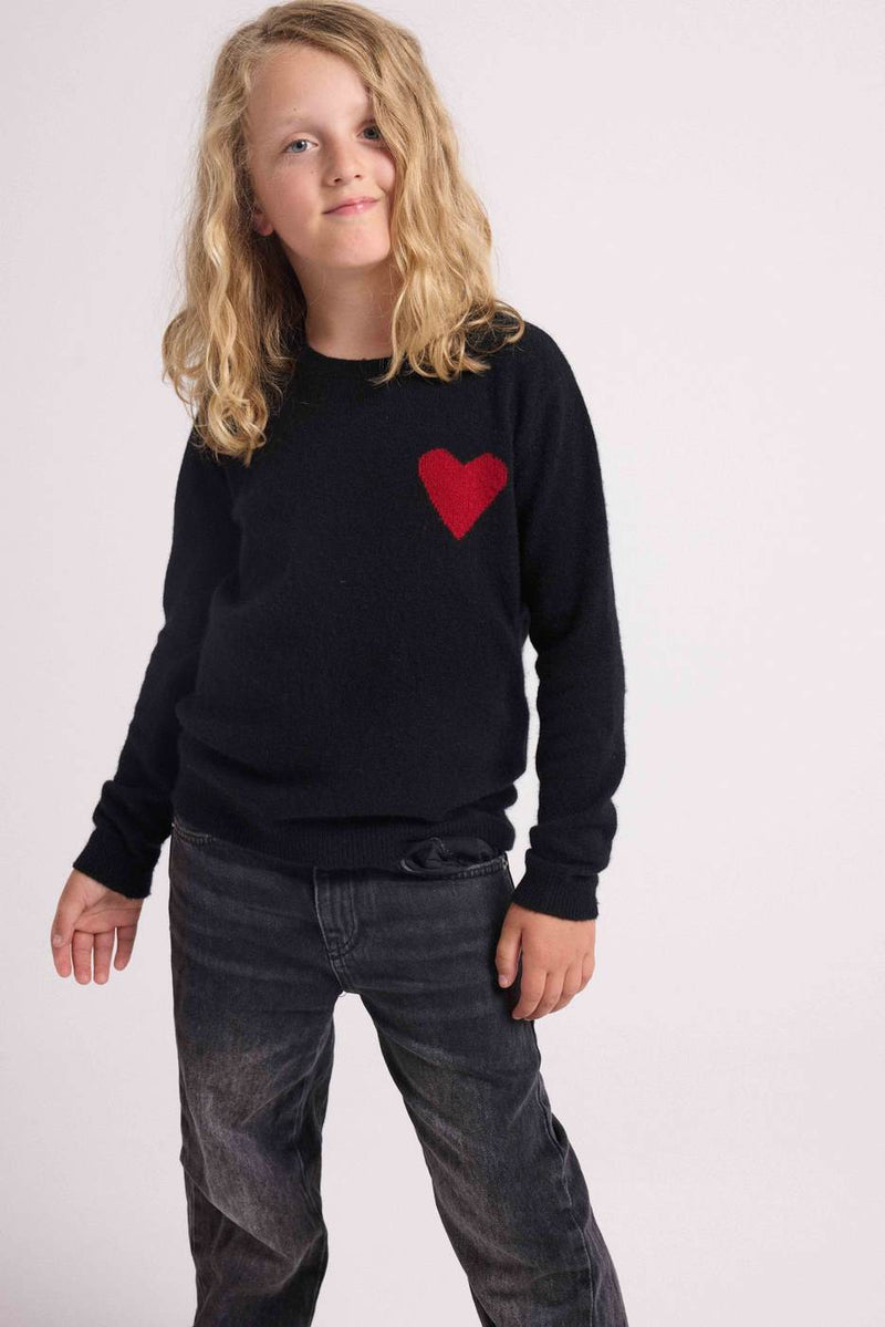 Lenny Round Neck Chest Sweater - Black Red Heart - 100% Oeko-Tex Cashmere - Child