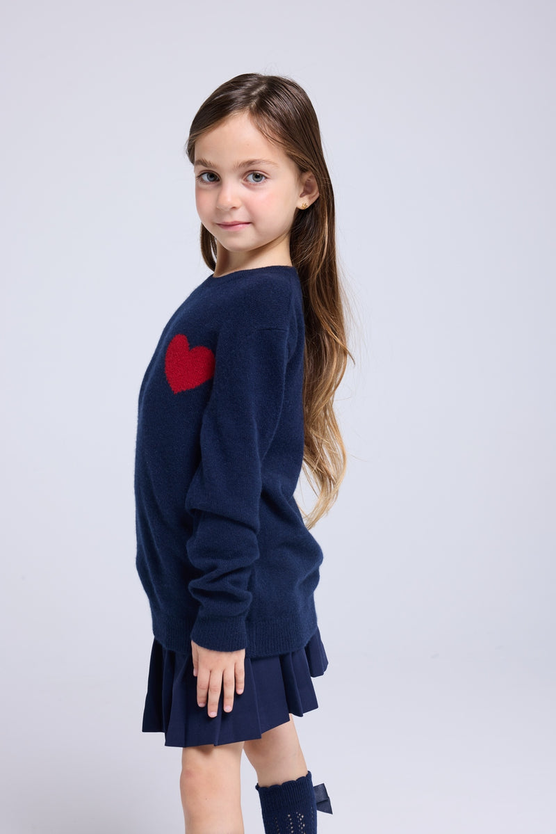 Pull Col Rond Cœur Lenny - Bleu Marine Rouge