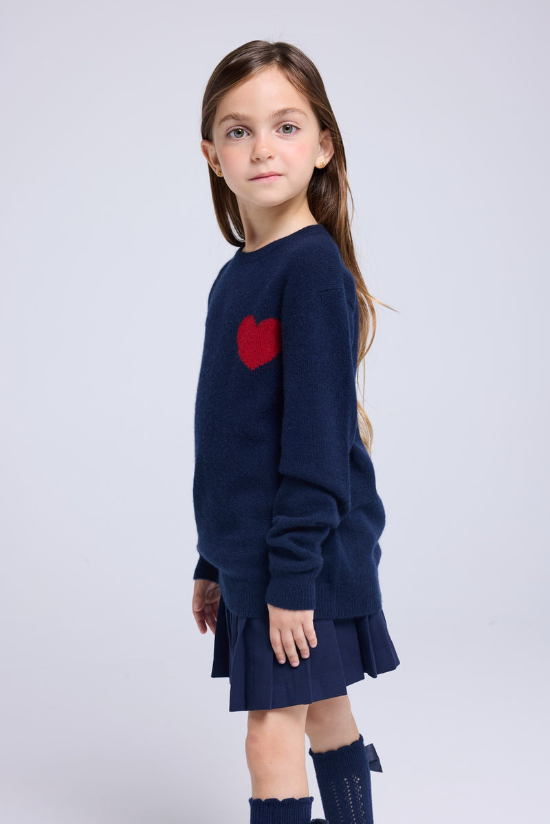 Pull Col Rond Cœur Lenny - Bleu Marine Rouge
