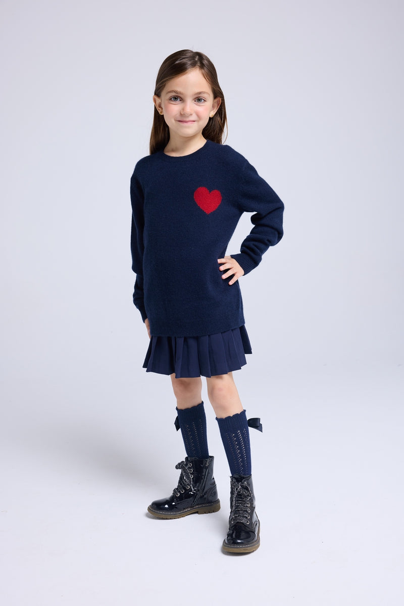 Pull Col Rond Cœur Lenny - Bleu Marine Rouge